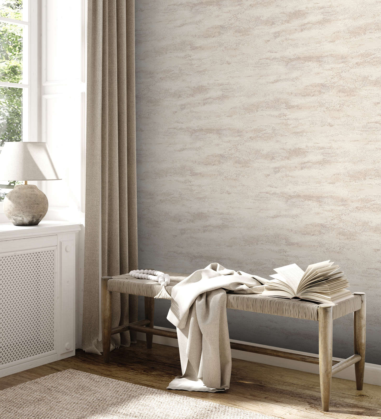             Mottled non-woven wallpaper with wave pattern & light glitter - cream
        