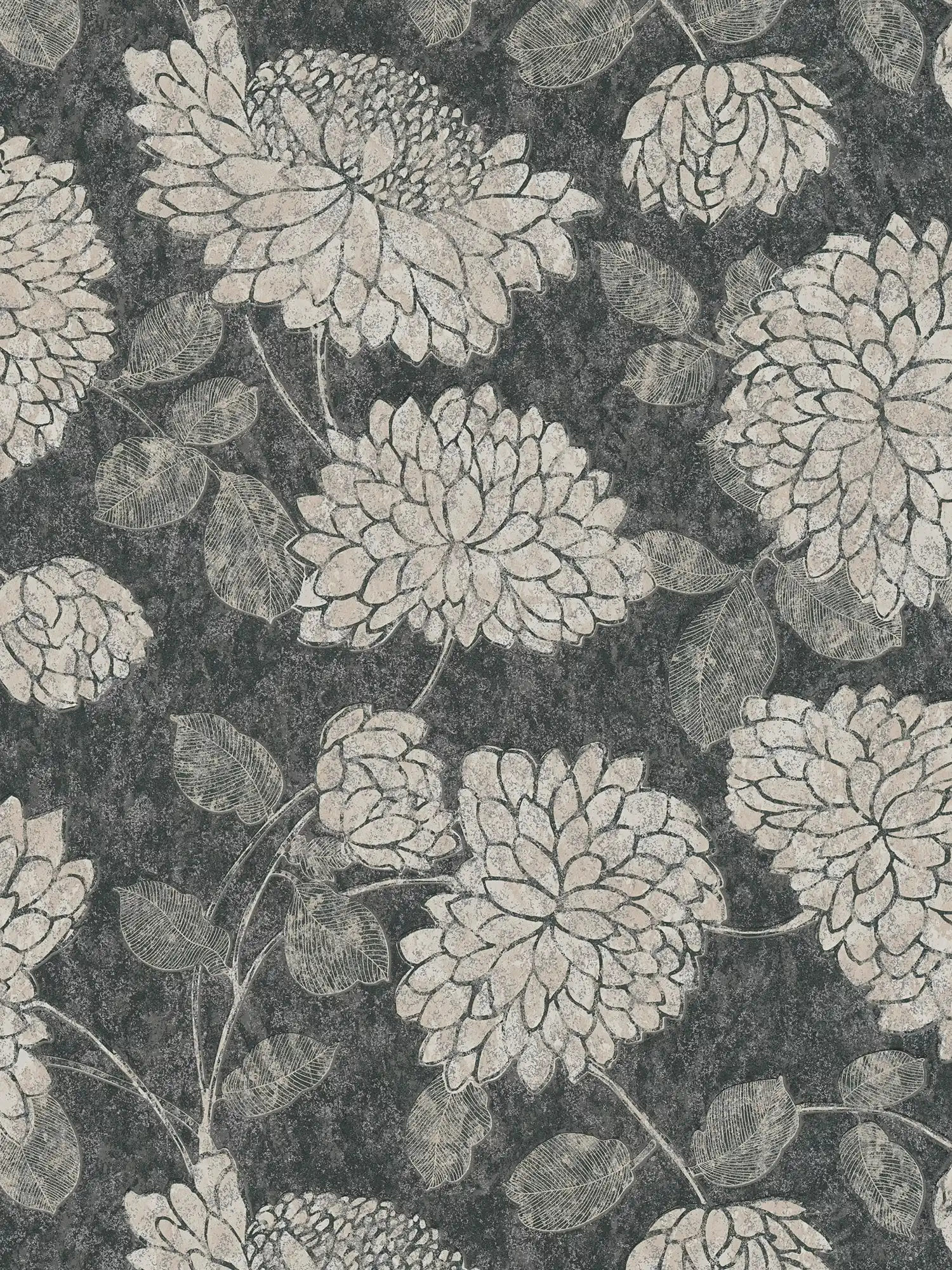 Patroonbehang met bloemen met een lichte glans - zwart, wit, zilver
