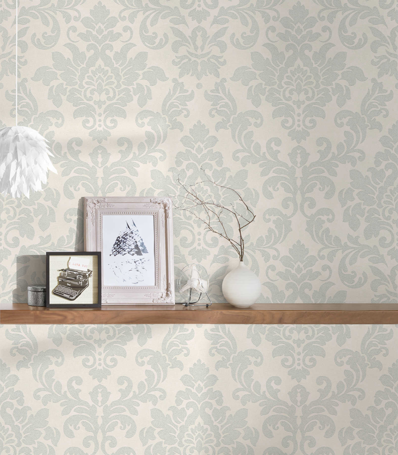             Floral ornamental wallpaper with metallic effect - grey, silver, white
        