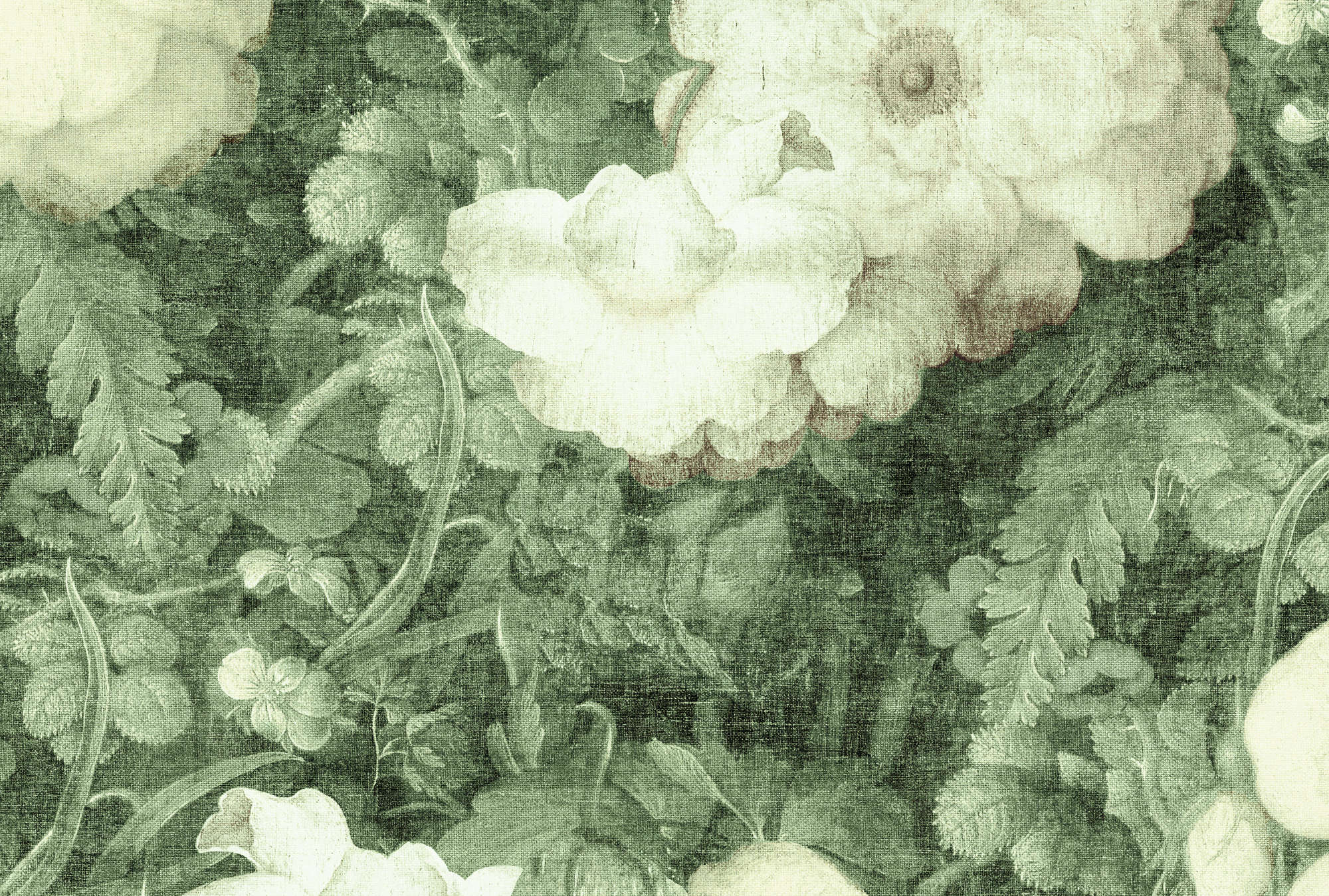             Papel pintado con flores y aspecto de lino natural - Verde, Blanco
        
