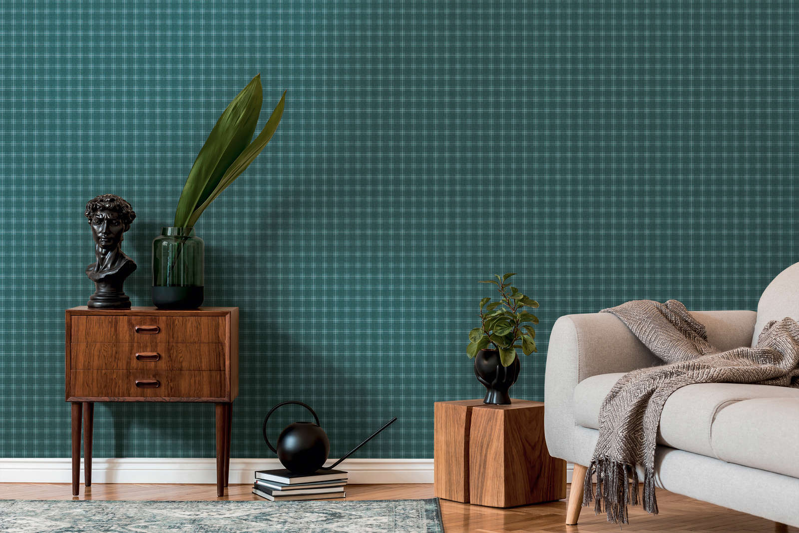             Checkered Textile Optics Non-woven Wallpaper with Flannel Pattern - Green, White
        