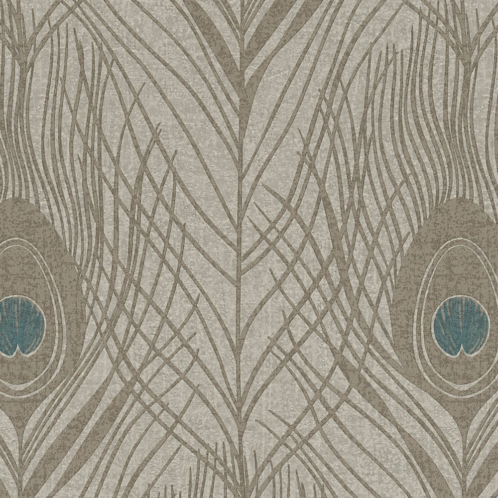             Papel pintado no tejido marrón con plumas de pavo real, con detalles - Marrón, Gris, Azul
        