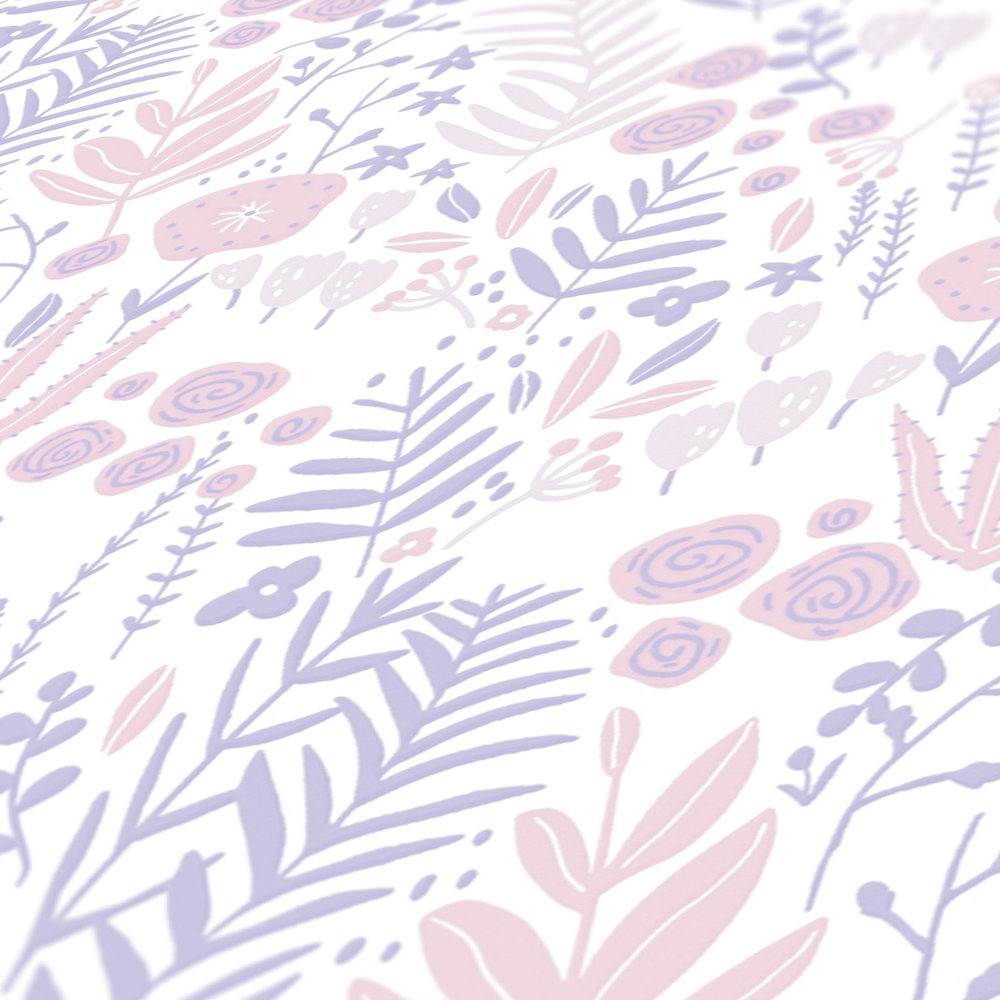             Papier peint chambre fille Plantes - violet, rose, blanc
        