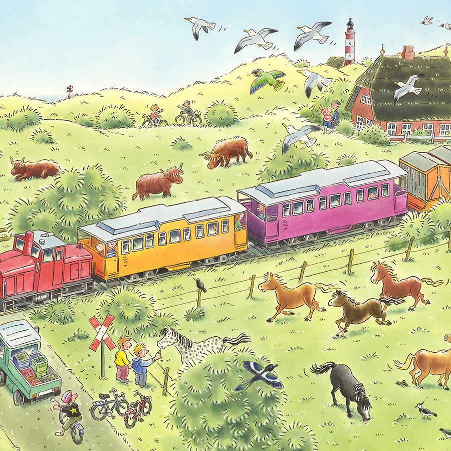 Papel pintado infantil Cruce de ferrocarril con tren y animales sobre vellón texturizado

