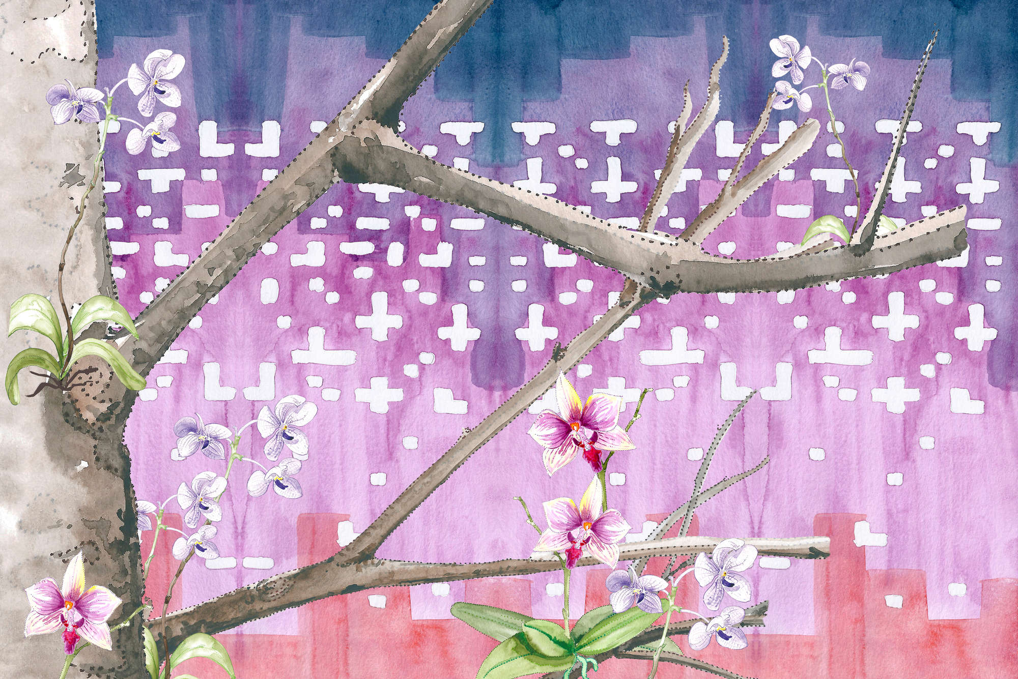             Carta da parati artistica Albero con fiori verde, rosa su tessuto non tessuto liscio opaco
        