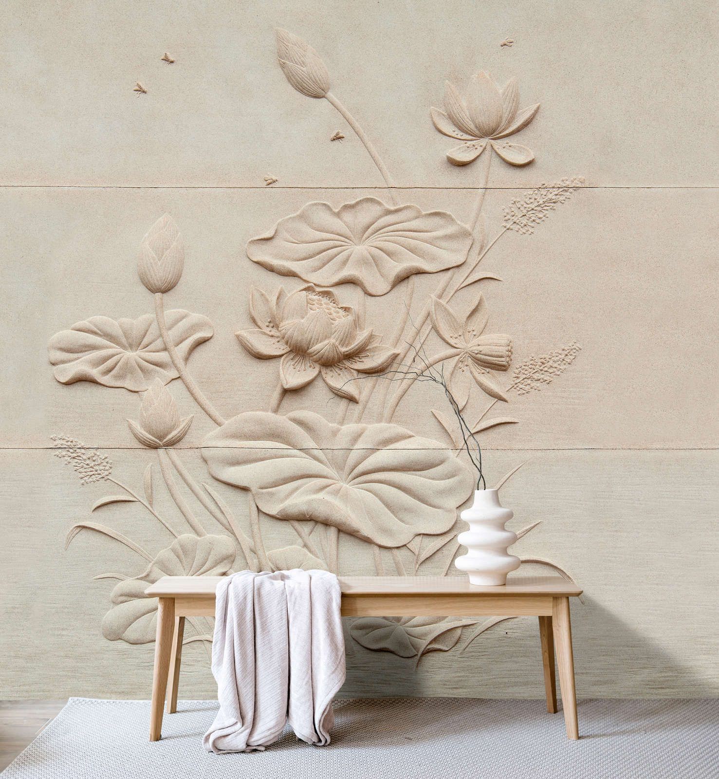             Photo wallpaper »fiore« - Floral relief on concrete structure - Matt, Smooth non-woven fabric
        