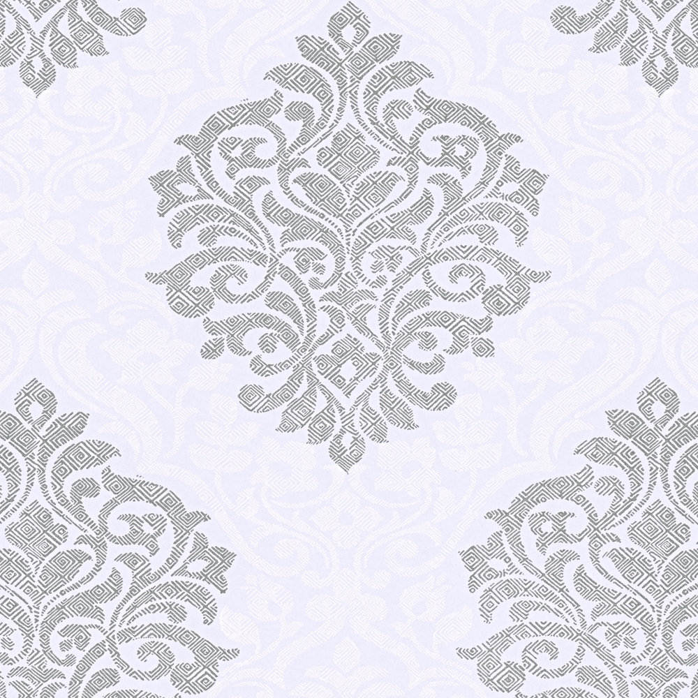             Floral ornamental wallpaper diamond pattern in ethnic style - grey, white, silver
        