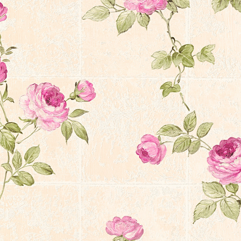             Carta da parati effetto piastrelle con tralci di rose - beige, verde, rosa
        