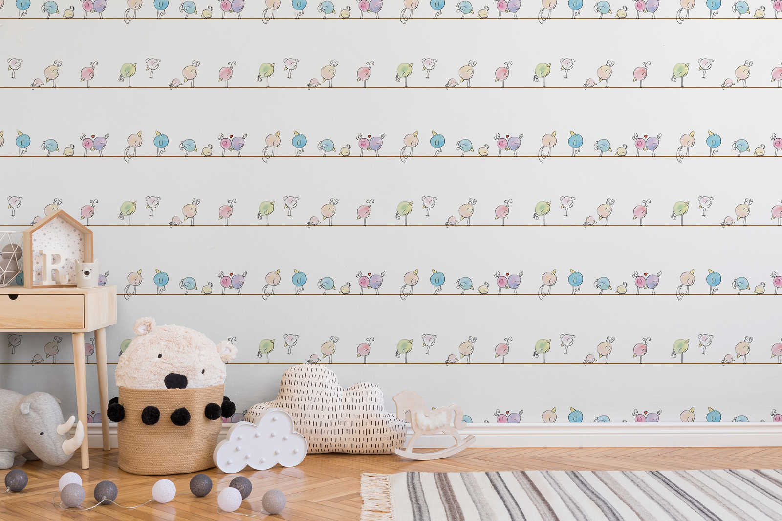             Papel pintado de habitación infantil acuarela y pájaros - colorido, blanco, azul
        