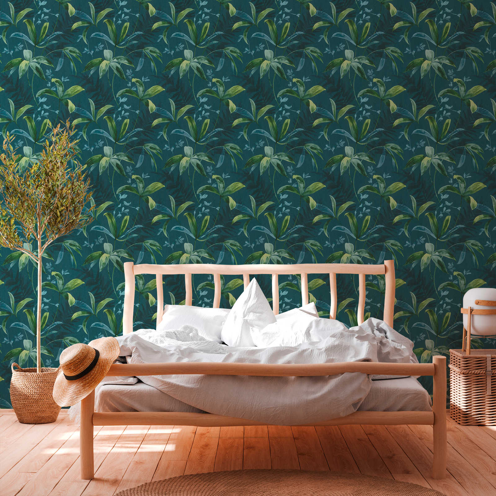             Dark green wallpaper with leaves pattern in watercolour style - blue, green
        