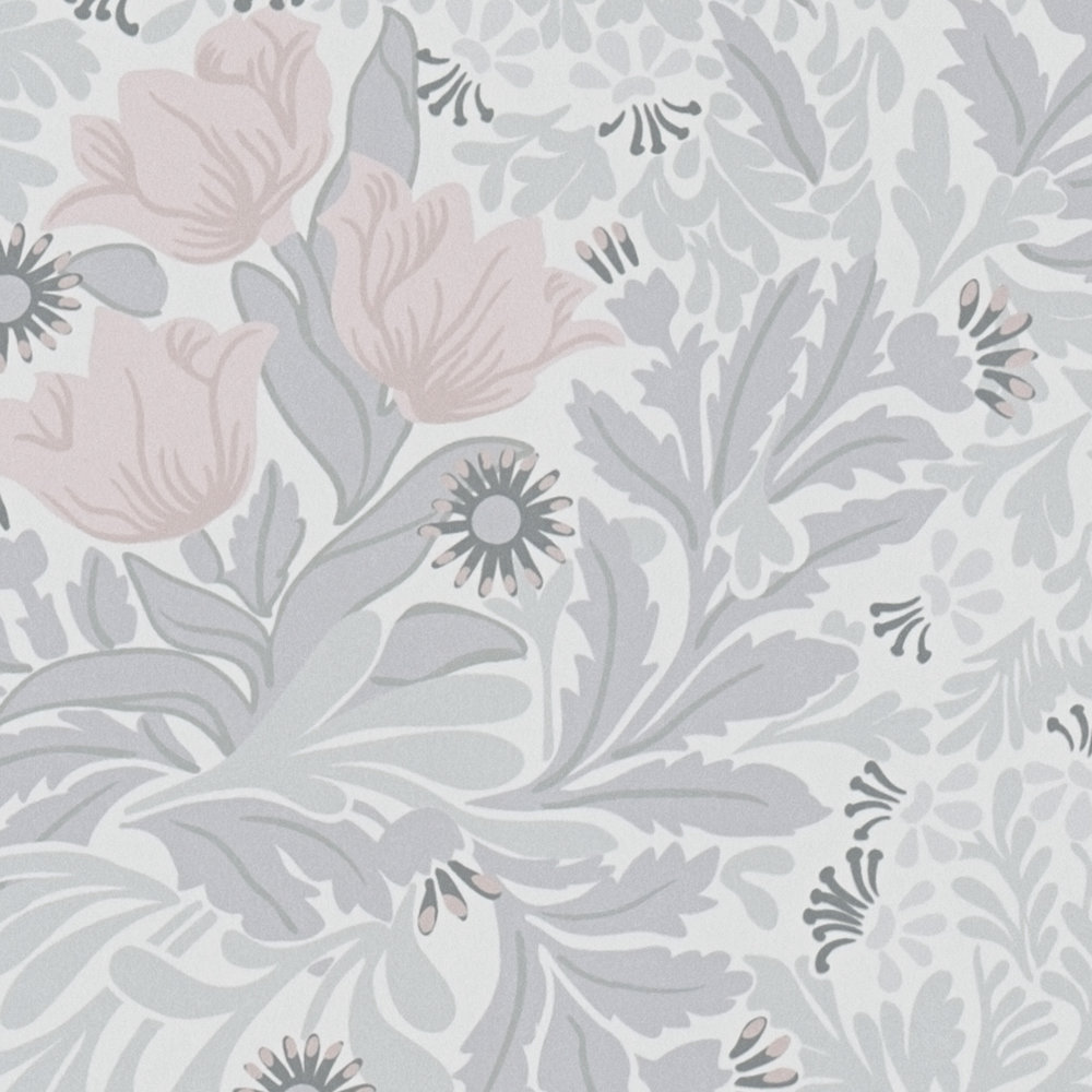             Non-woven wallpaper with floral pattern in soft shades - grey, pink, white
        