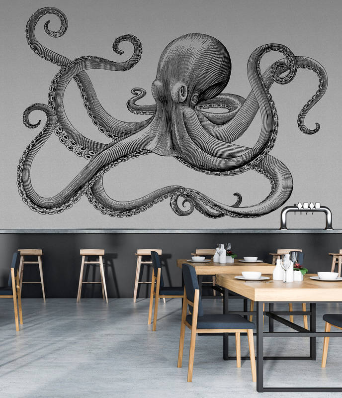             Jules 2 - Modern octopus behang in kartonnen structuur in tekenstijl - Grijs, Zwart | Mat glad vlies
        