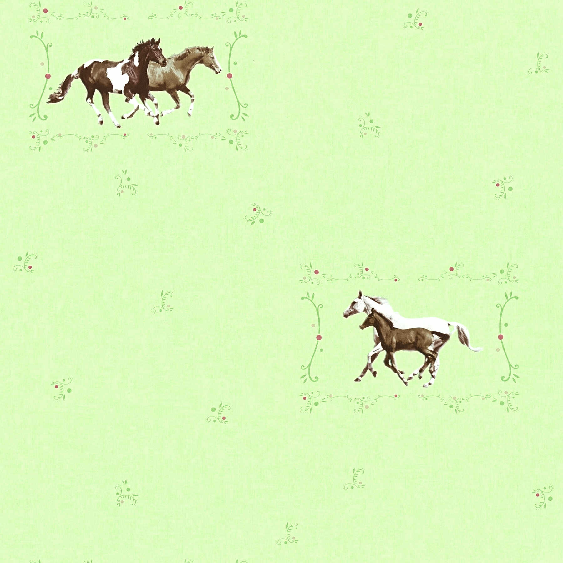 Horses wallpaper with pfoles & decorative pattern - green
