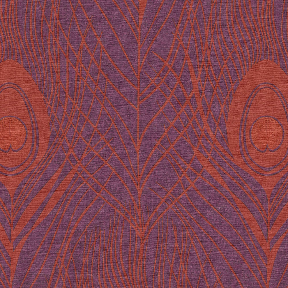             Carta da parati in tessuto non tessuto magenta con piume di pavone - rosso, viola, oro
        