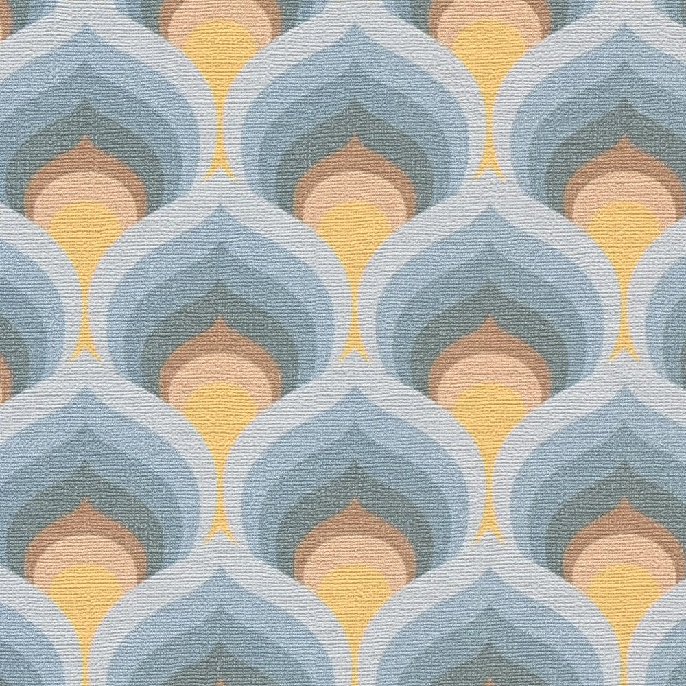             Papel pintado no tejido con motivos retro a escala - azul, marrón, amarillo
        