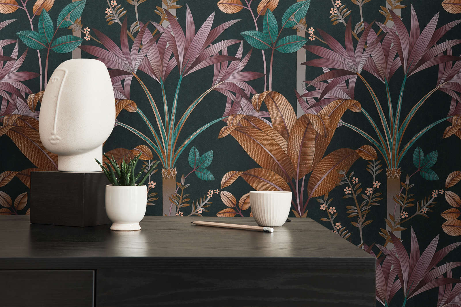             Floral non-woven wallpaper with leaf pattern - multicoloured, black, orange
        