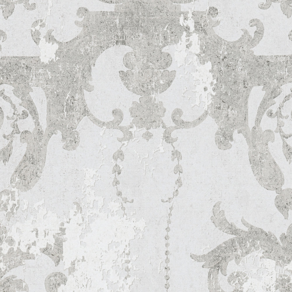             Vintage ornaments & used look wallpaper - grey, white
        