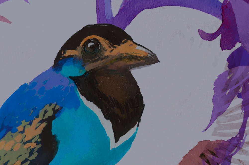             Papier peint violet avec des fleurs et des oiseaux - bleu, gris
        