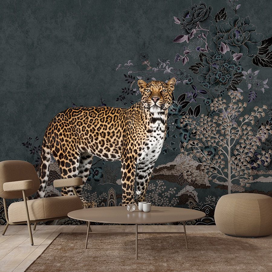 Photo wallpaper »rani« - Abstract jungle motif with leopard - Smooth, slightly pearly shimmering non-woven fabric
