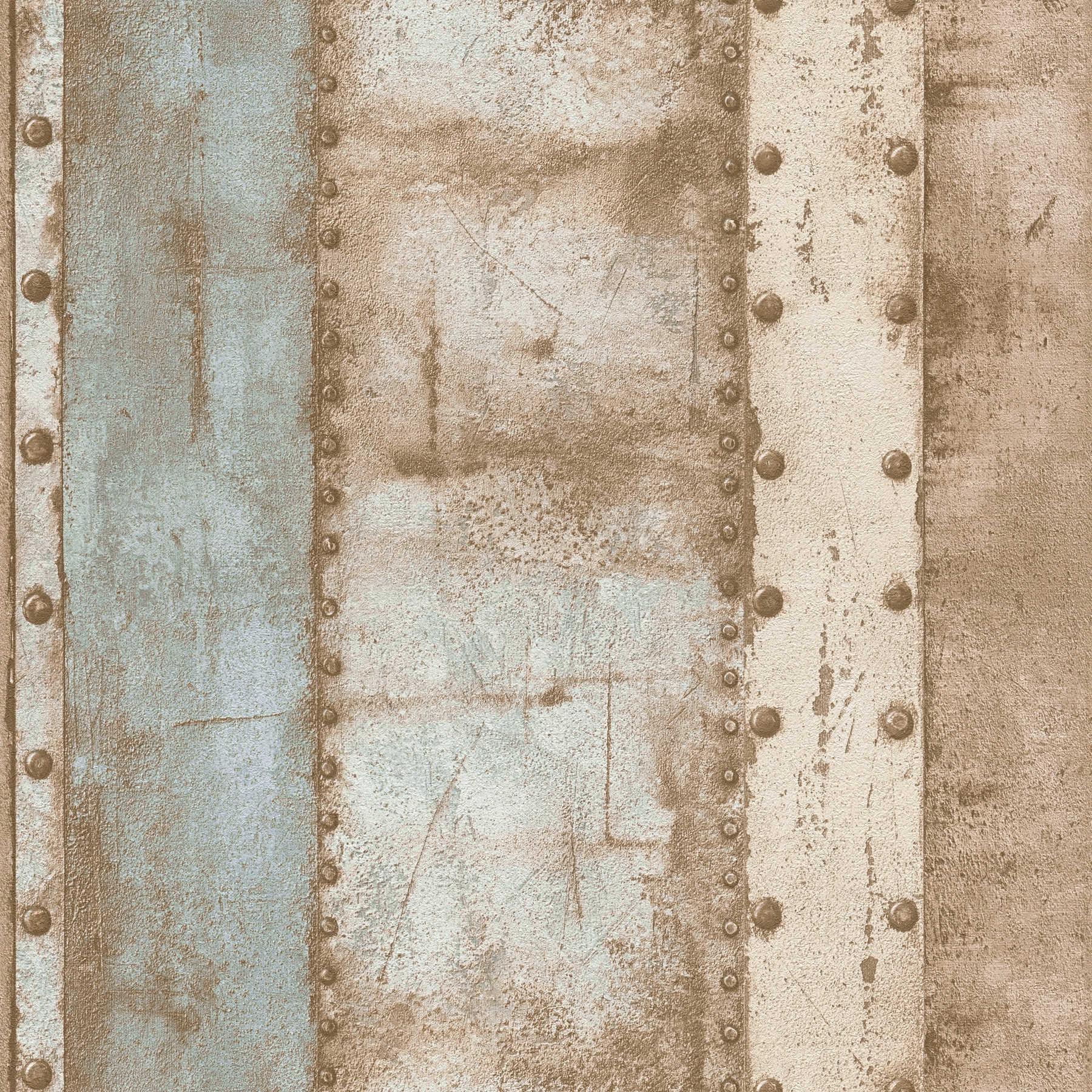 papel pintado aspecto metálico, estilo industrial y aspecto usado - beige, azul, marrón
