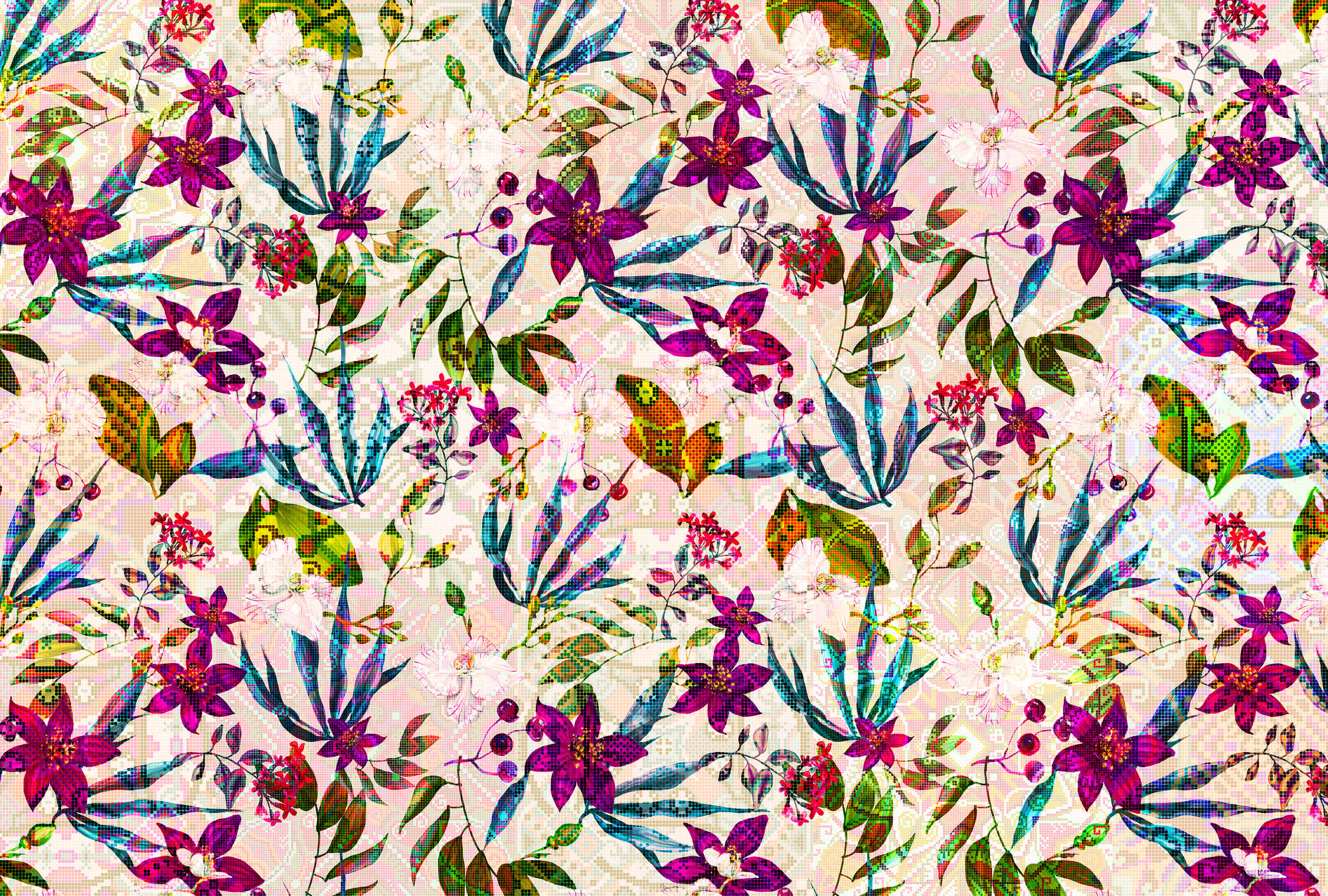             Papier peint fleuri avec design Mosiak - crème, violet
        