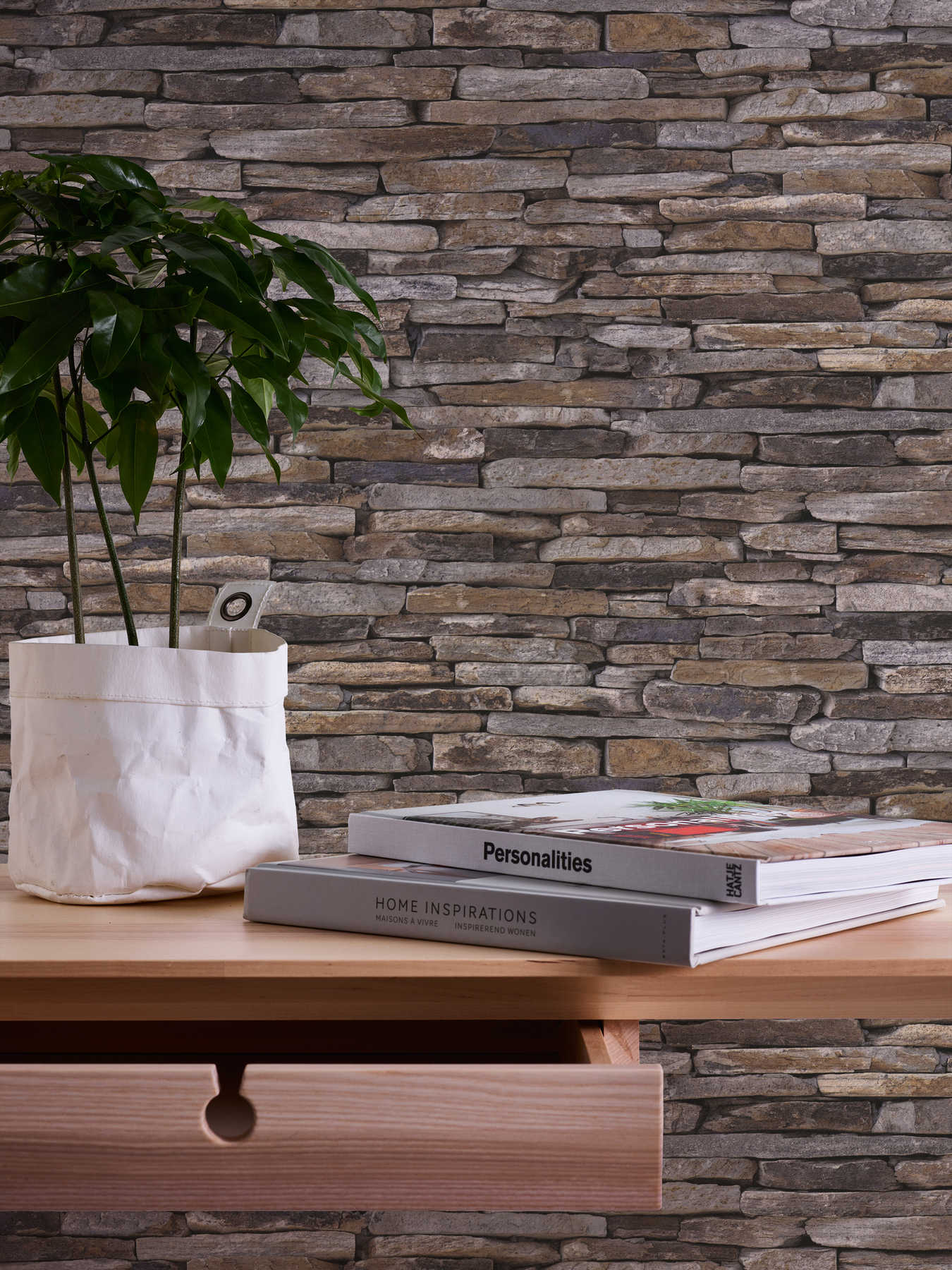            Stone wallpaper with dry stone wall & realistic natural stone - brown, beige, yellow
        