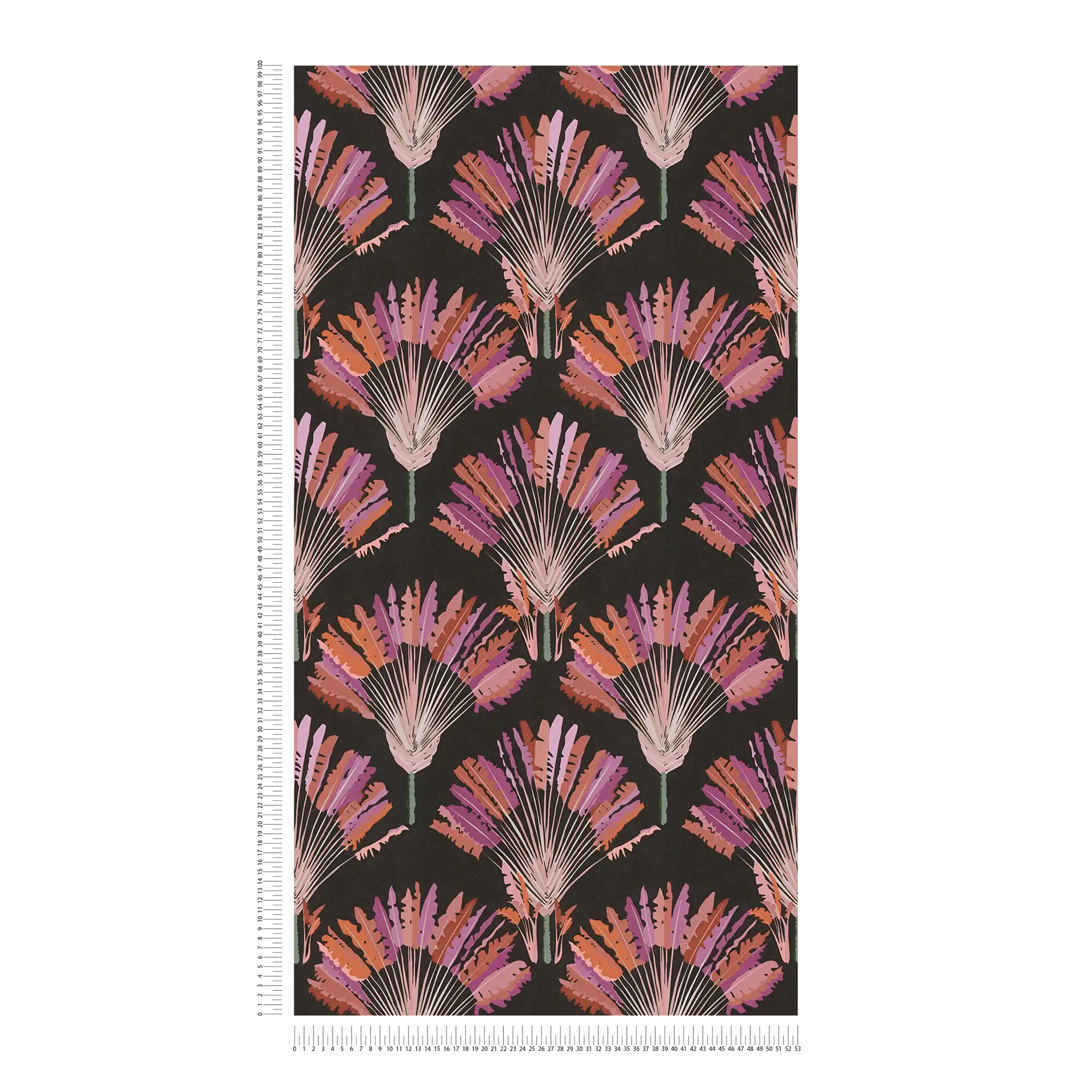             Zwart behang met paars palmmotief
        
