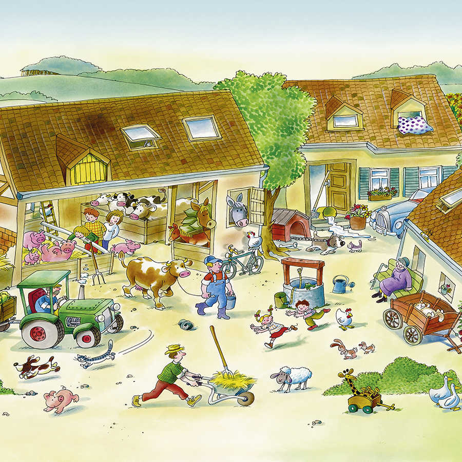 Papier peint panoramique enfants ferme avec animaux en marron et vert sur intissé lisse nacré
