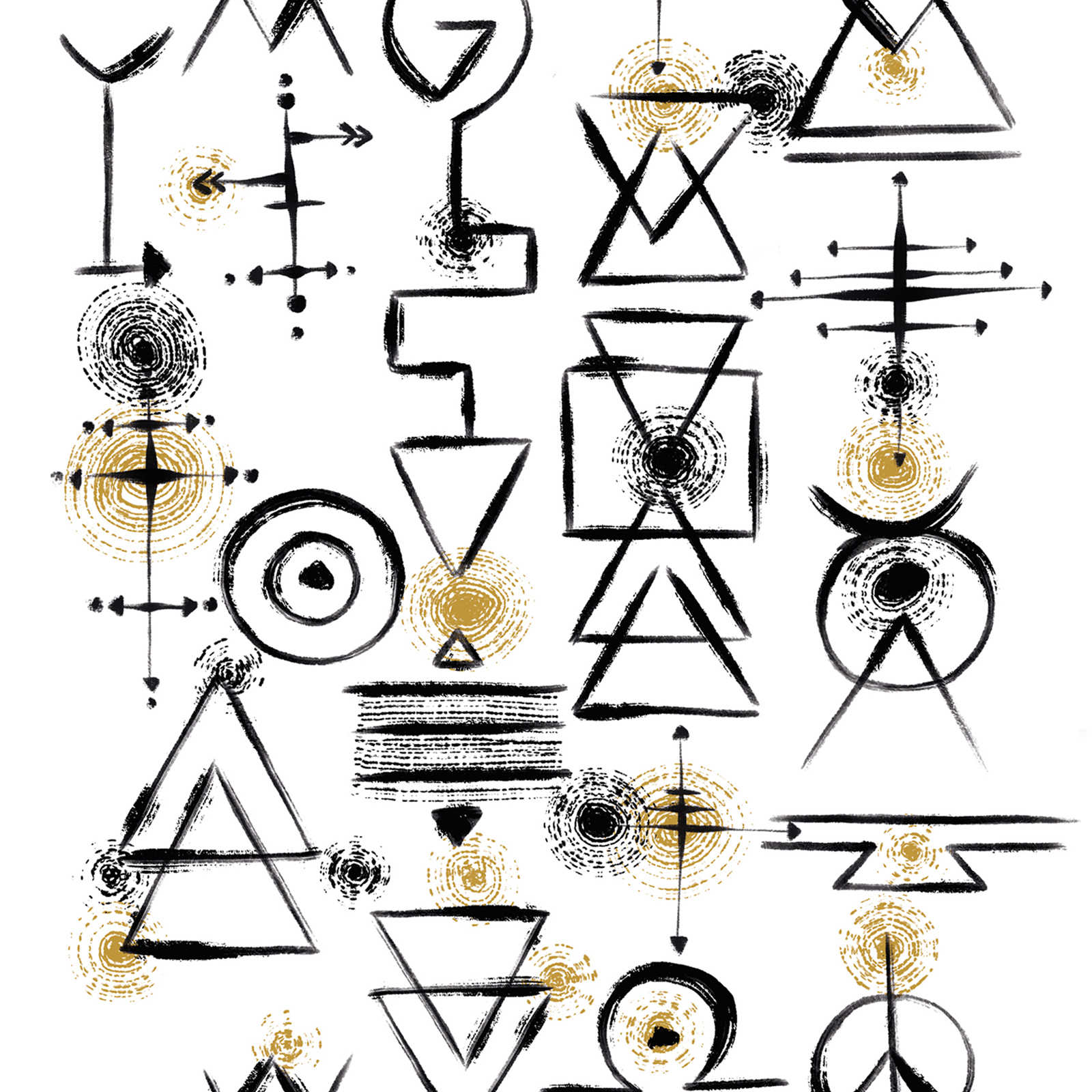 Papel pintado con símbolos abstractos sobre fondo claro - blanco, negro, dorado
