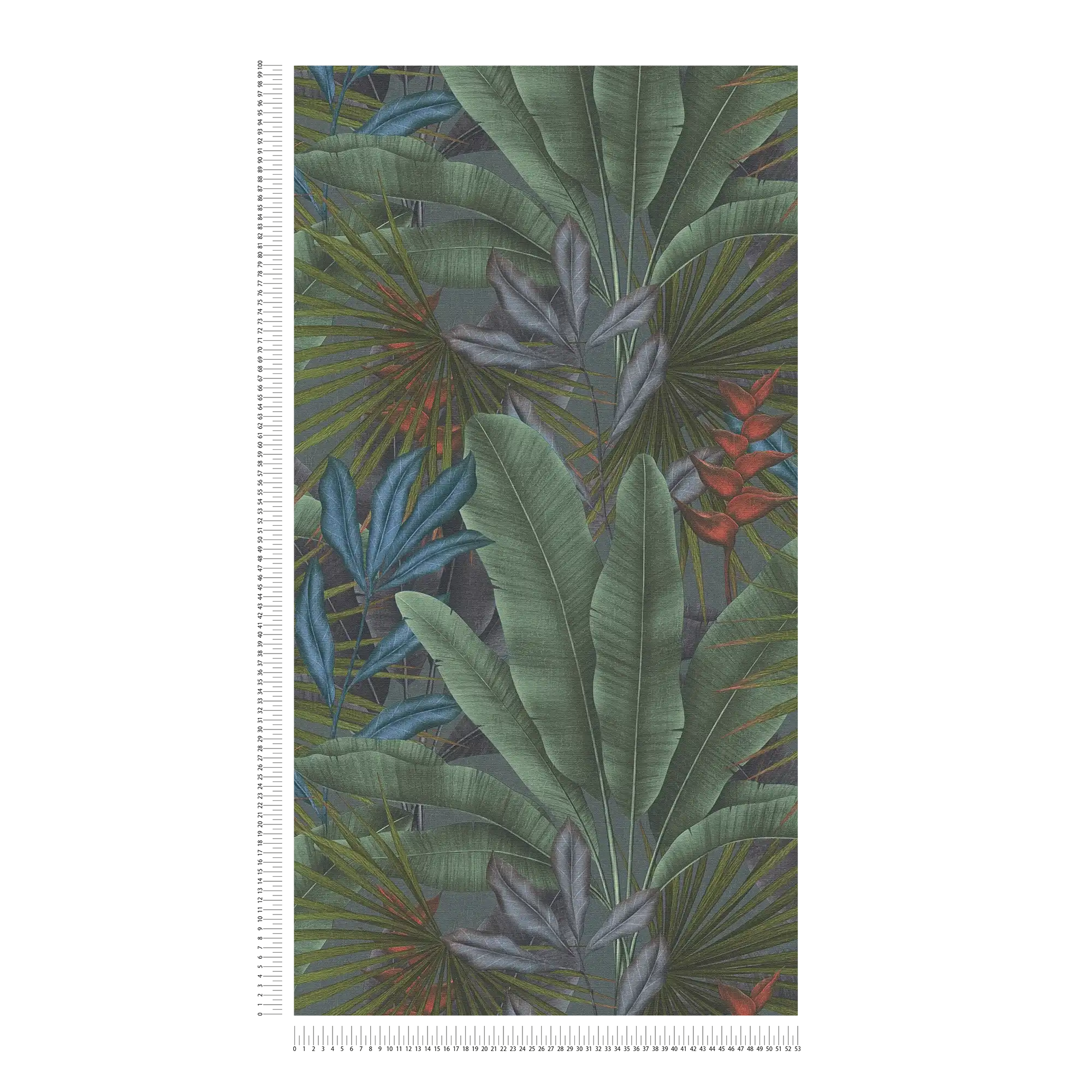             Papel pintado no tejido con estampado de hojas de selva y toques de color: gris, verde, rojo
        