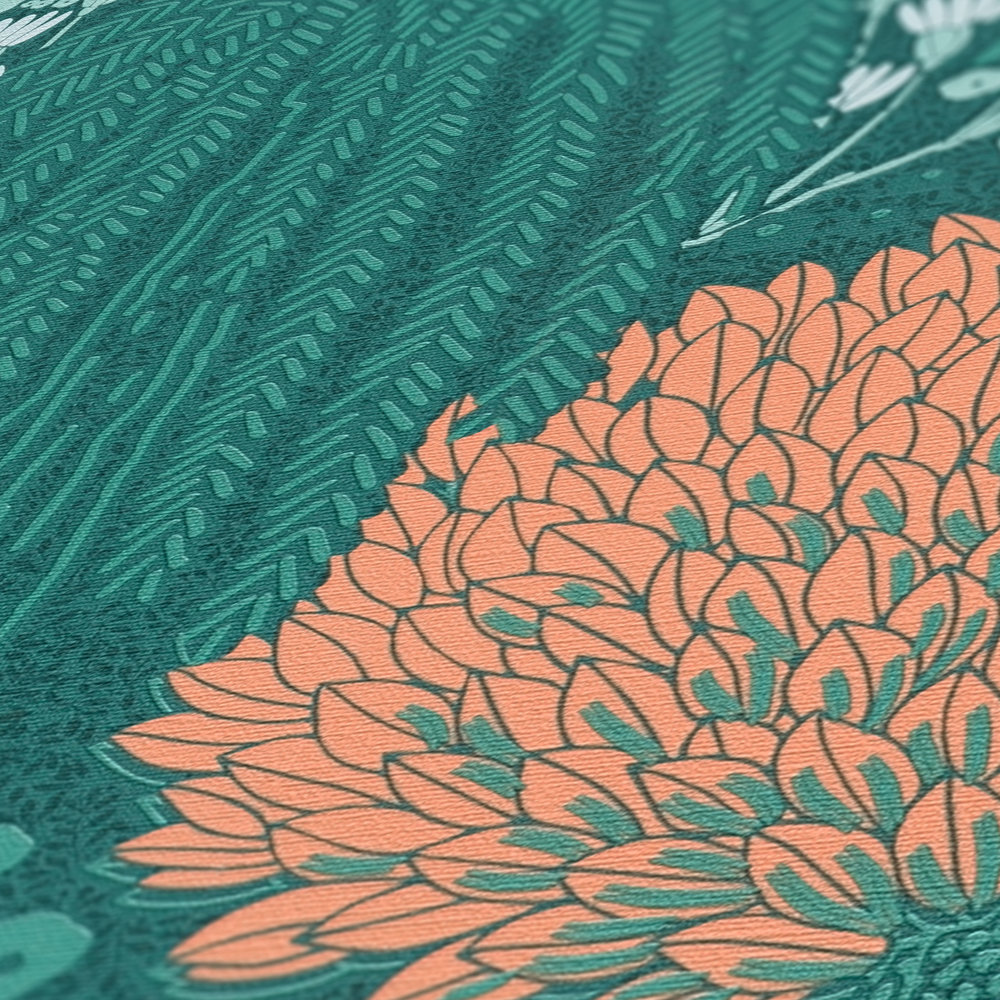             papier peint en papier floral avec feuilles légèrement structuré, mat - pétrole, orange, vert
        