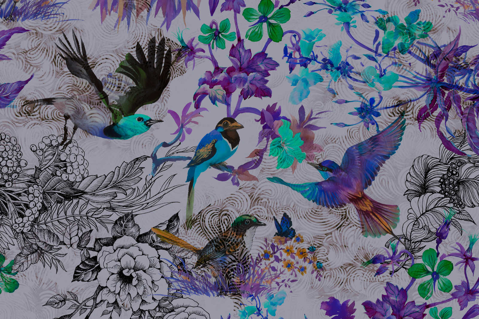             Quadro su tela viola con fiori e uccelli - 0,90 m x 0,60 m
        