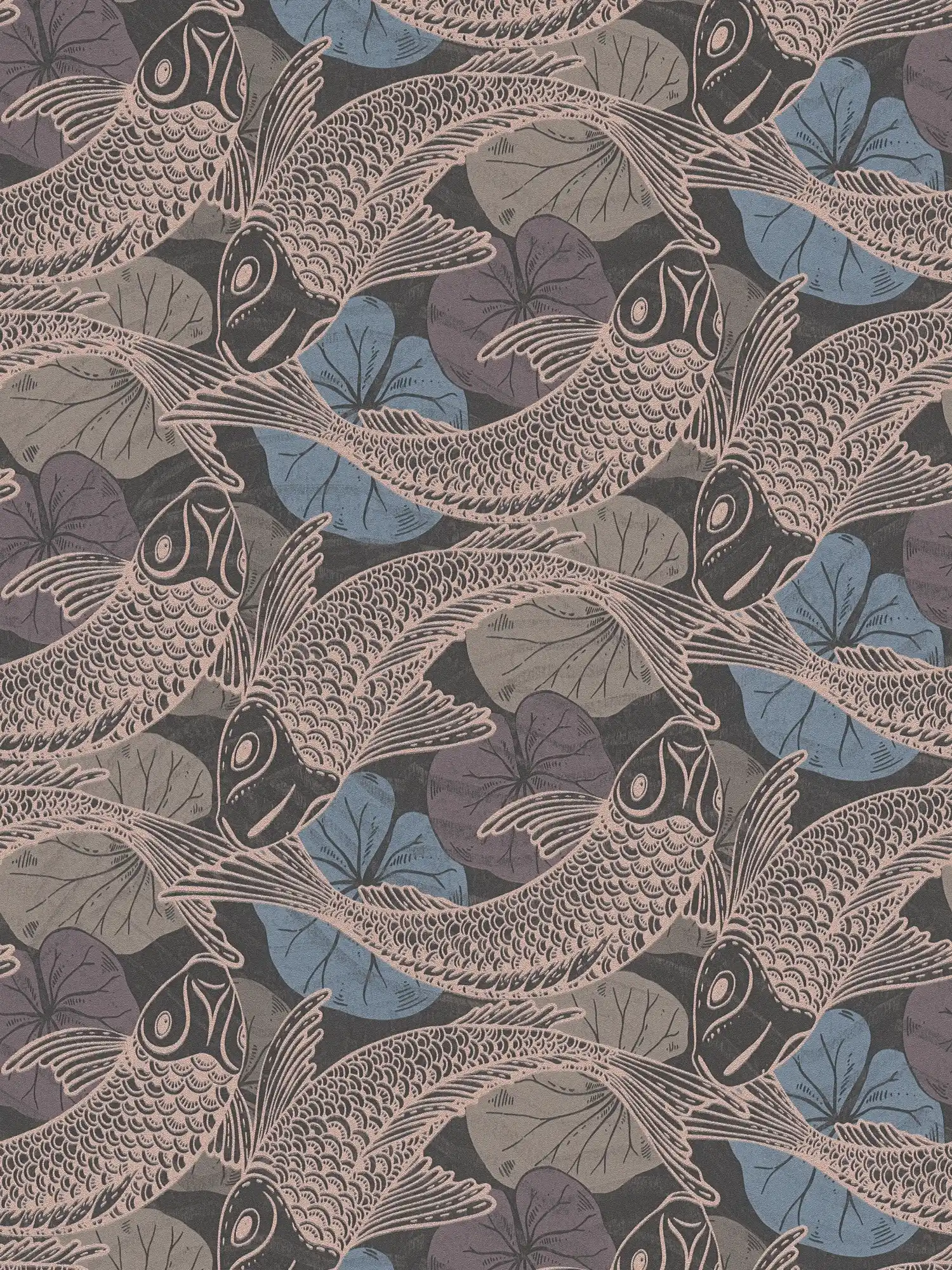 Papel pintado no tejido Diseño koi asiático con efecto metálico - azul, metálico, negro
