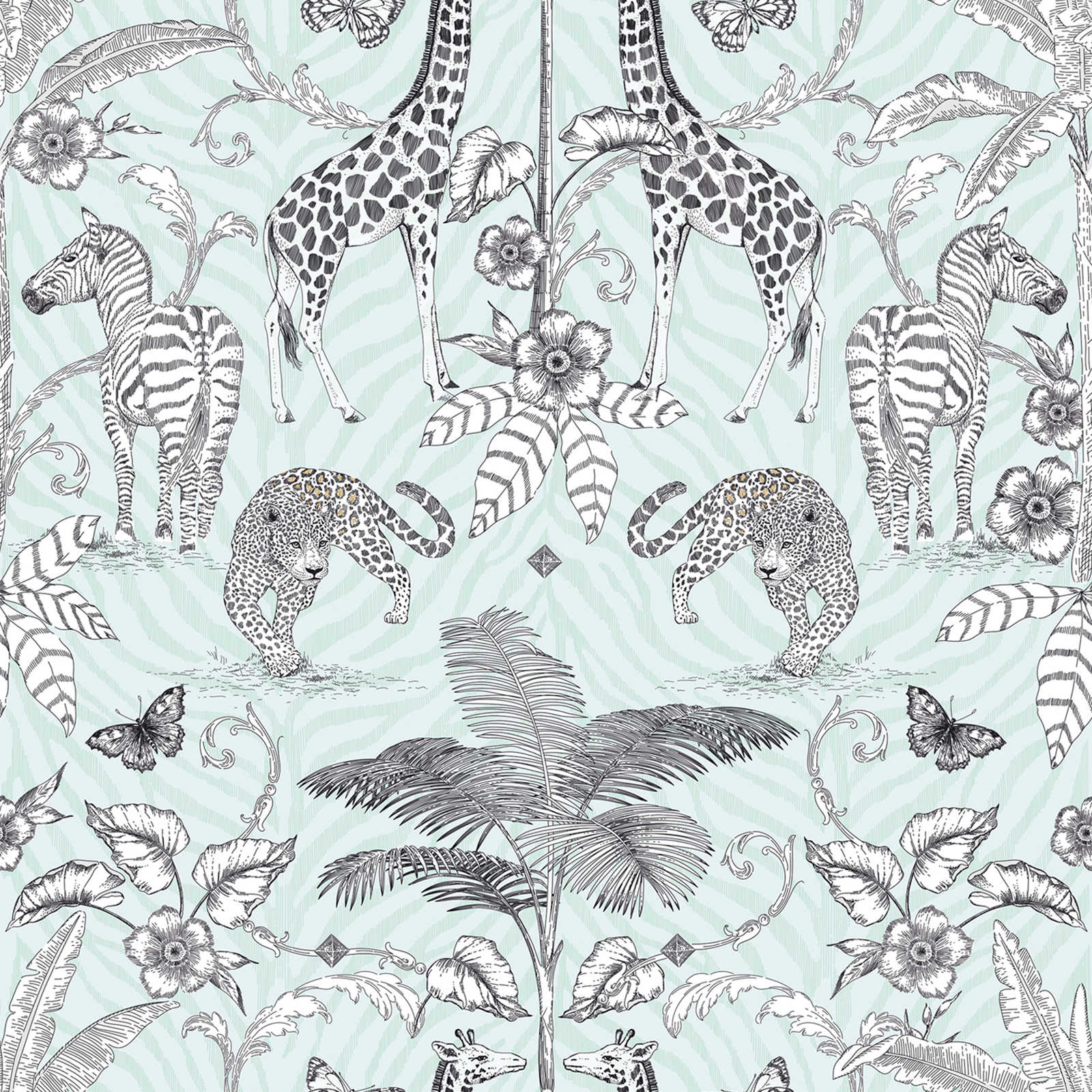 Papel pintado no tejido motivo jungla con animales y plantas - negro, blanco, gris

