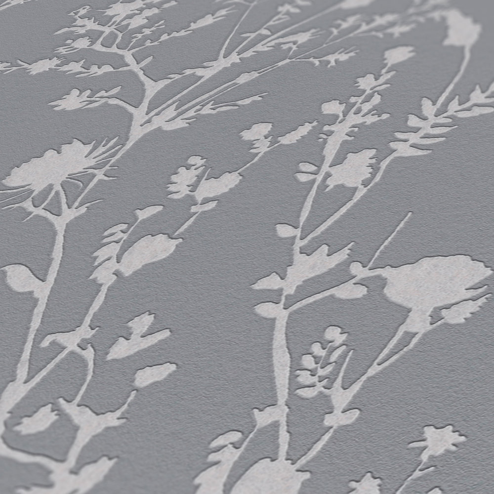             papier peint en papier floral aux motifs d'herbes et de fleurs douces - gris, argenté
        