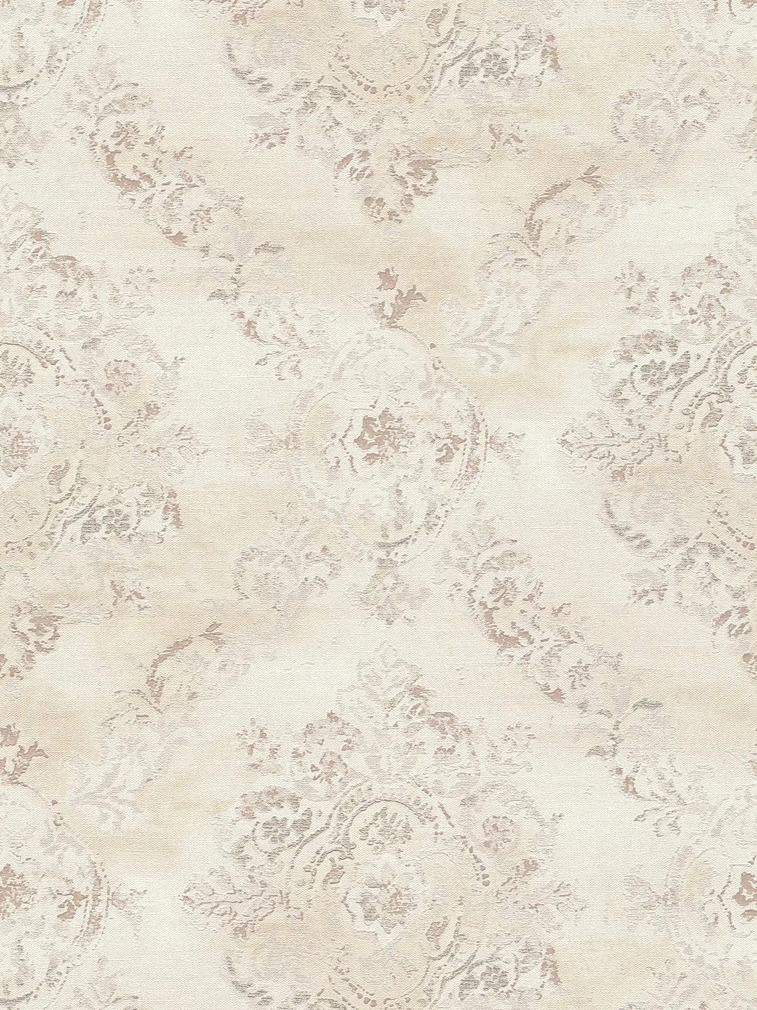 Textielachtig behang met ornamenteel patroon in used look - metallic, crème, beige
