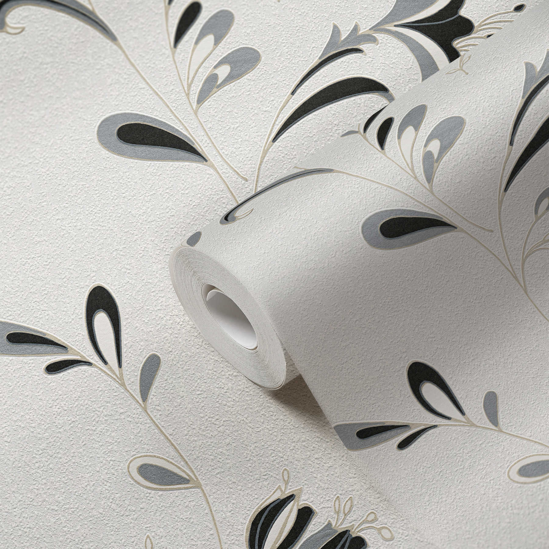             Papel pintado con motivos florales, acentos plateados y textura - negro, blanco, plata
        