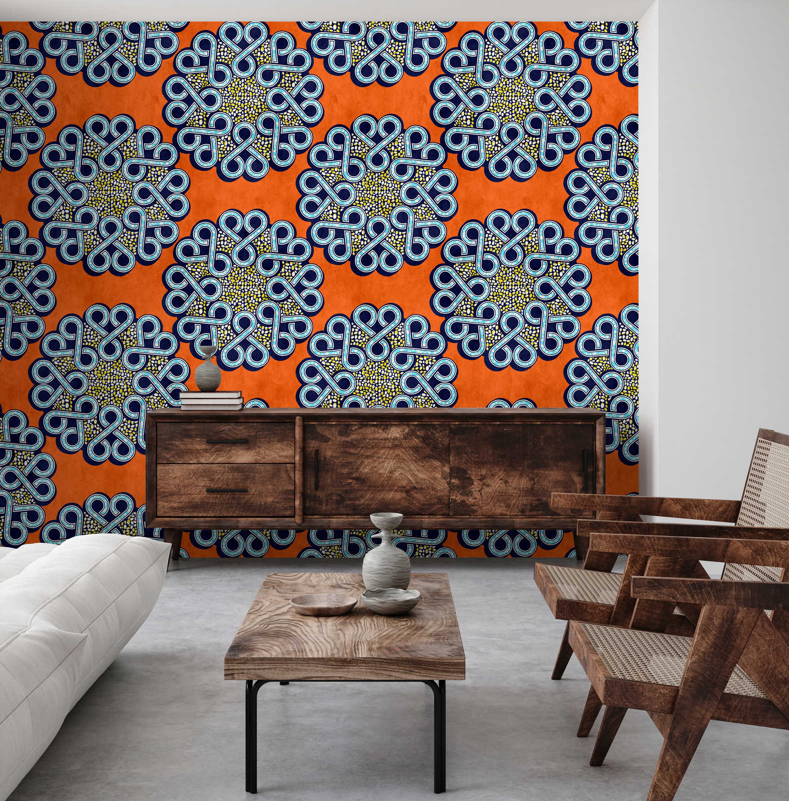            Dakar 2 - Aftican photo wallpaper wax fabric pattern Orange, Blue
        