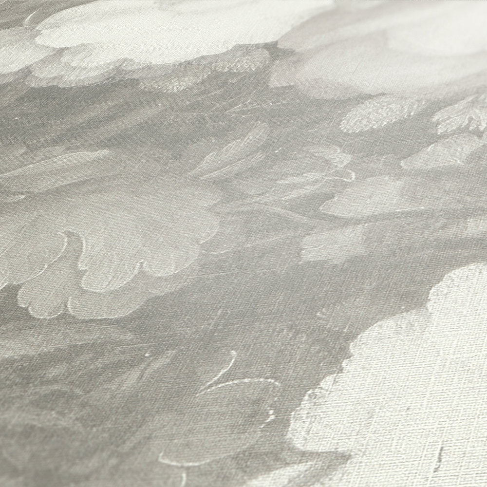             Papier peint à fleurs style tableau, aspect canevas - gris, blanc
        