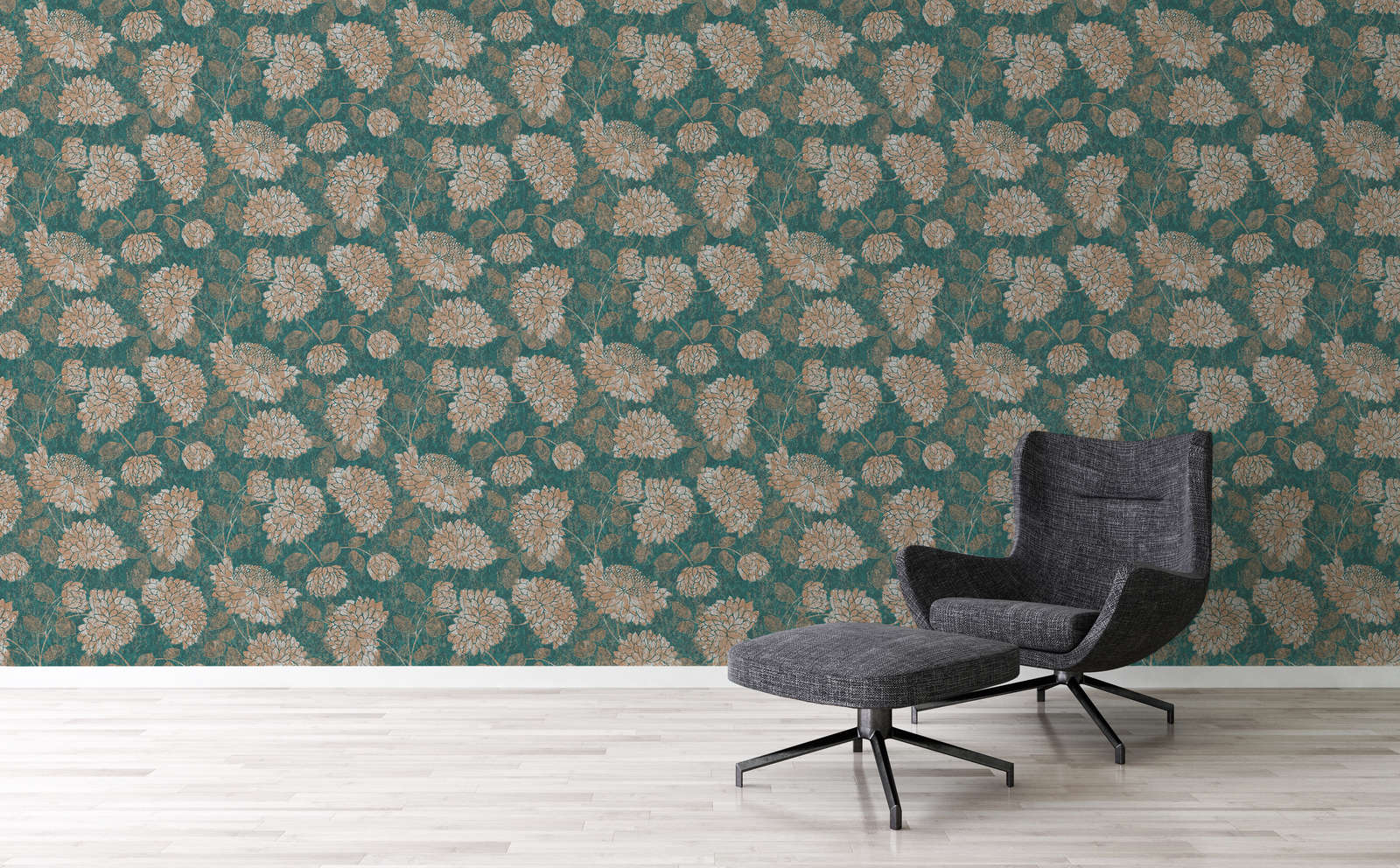            Floral wallpaper with floral pattern slightly shiny - green, gold
        