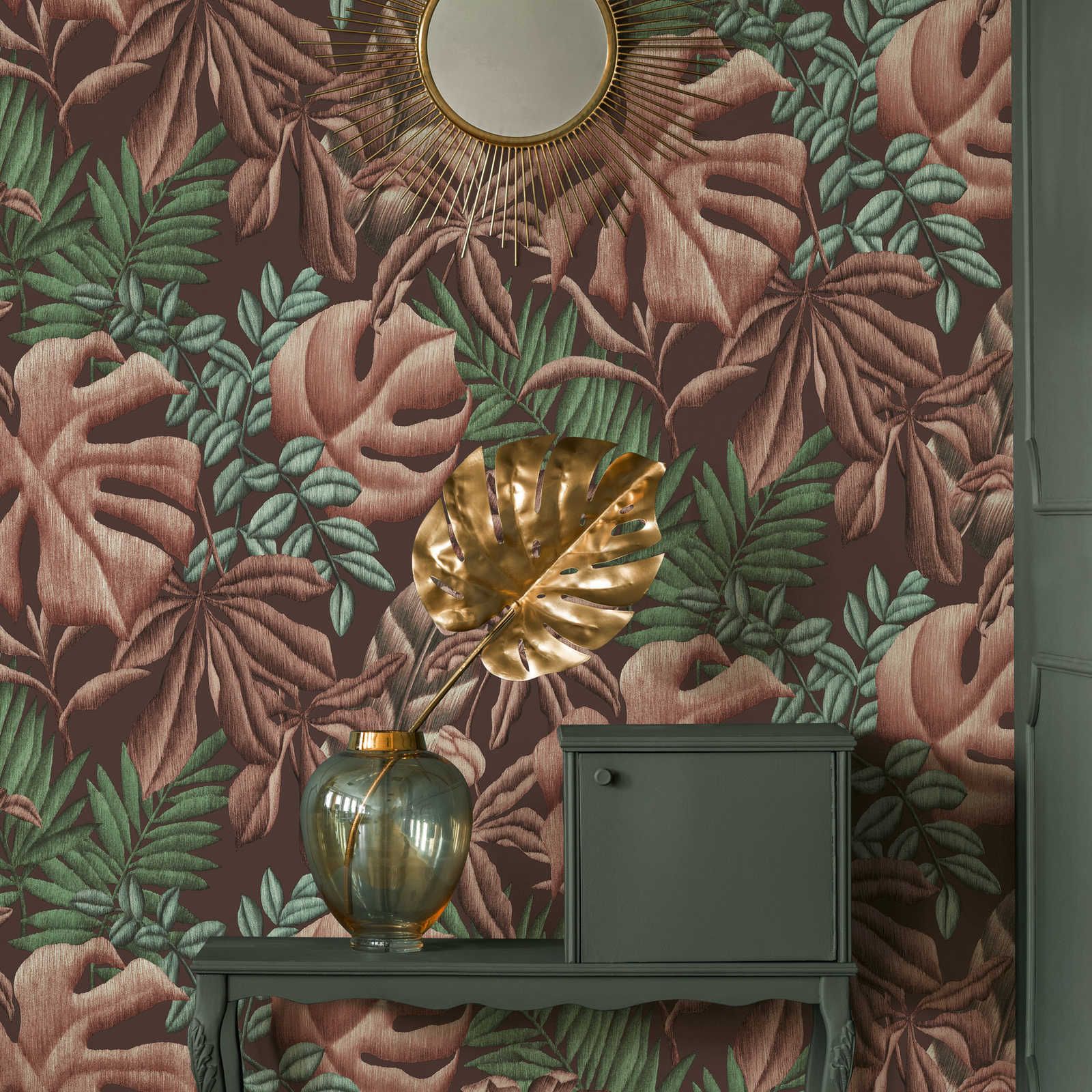 Floral non-woven wallpaper with leaves fern & banana leaves - pink, green, turquoise
