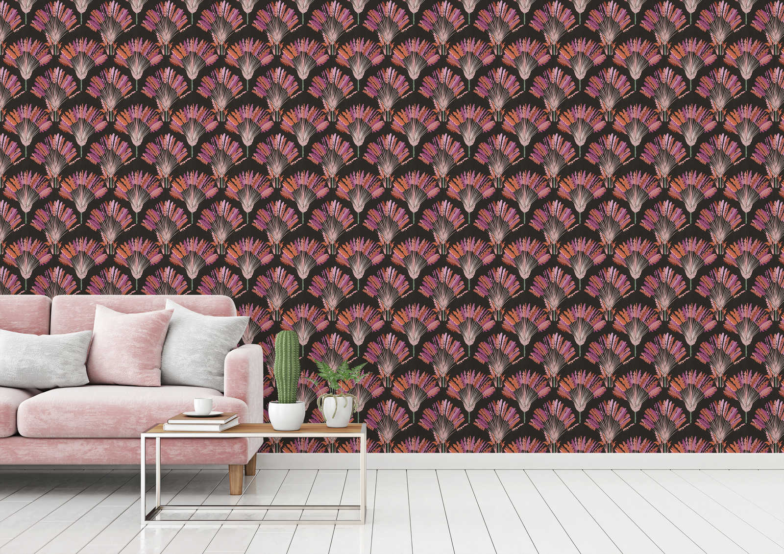            Black wallpaper with purple palm tree pattern
        