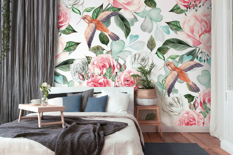             Vintage Behang met Bloemen & Vogels - Kleurrijk, Roze, Groen
        