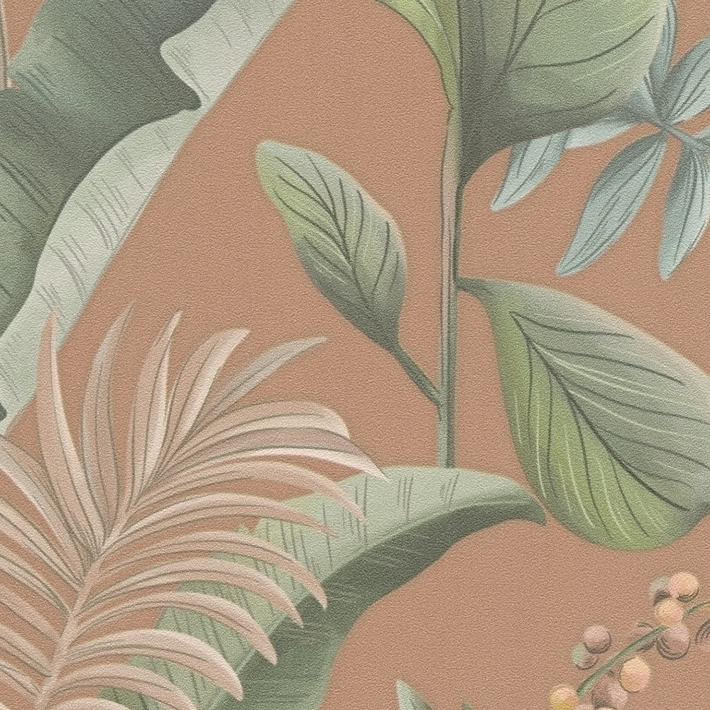             Floral jungle wallpaper with leaves matt textured - orange, red, green
        