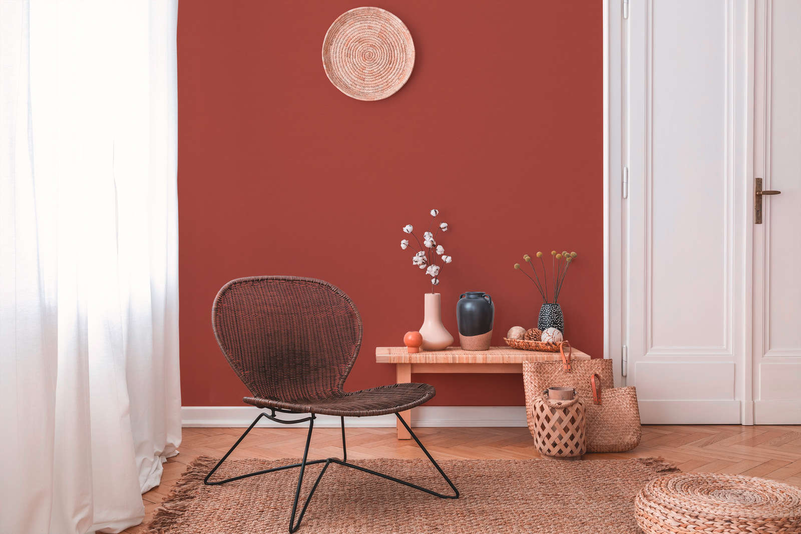             Red wallpaper fireplace red plain with textile design
        