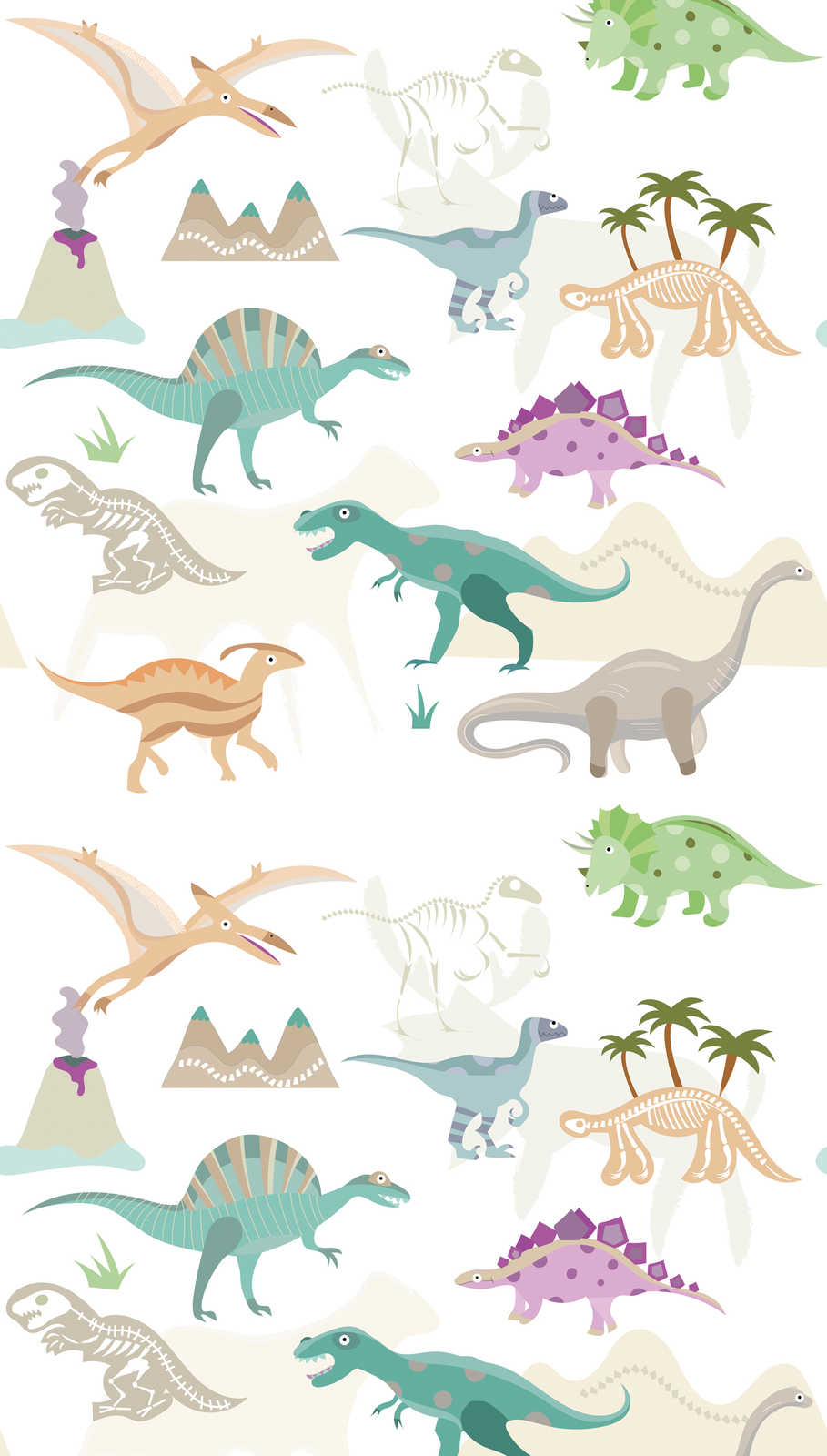             Children's motif wallpaper with dinosaurs and volcanoes - colourful, cream, beige
        