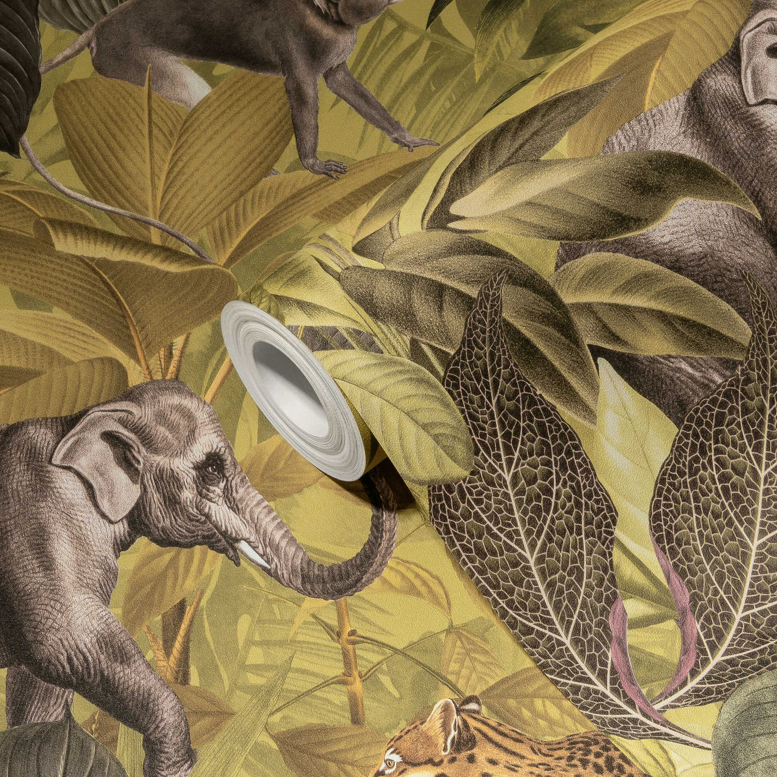             Papier peint jungle avec animaux, motif enfant - marron, vert
        