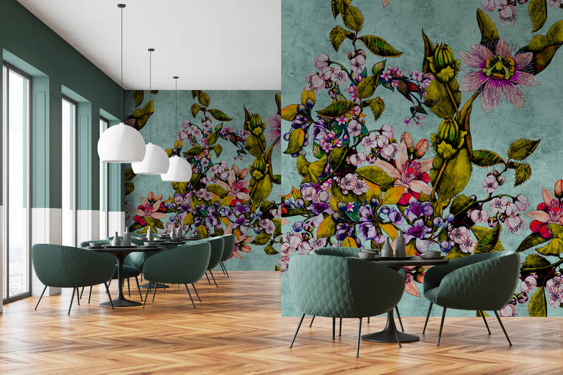             Tropical Passion 2 - Papier peint panoramique structure grattée avec fleurs et bourgeons - vert | Nacré intissé lisse
        
