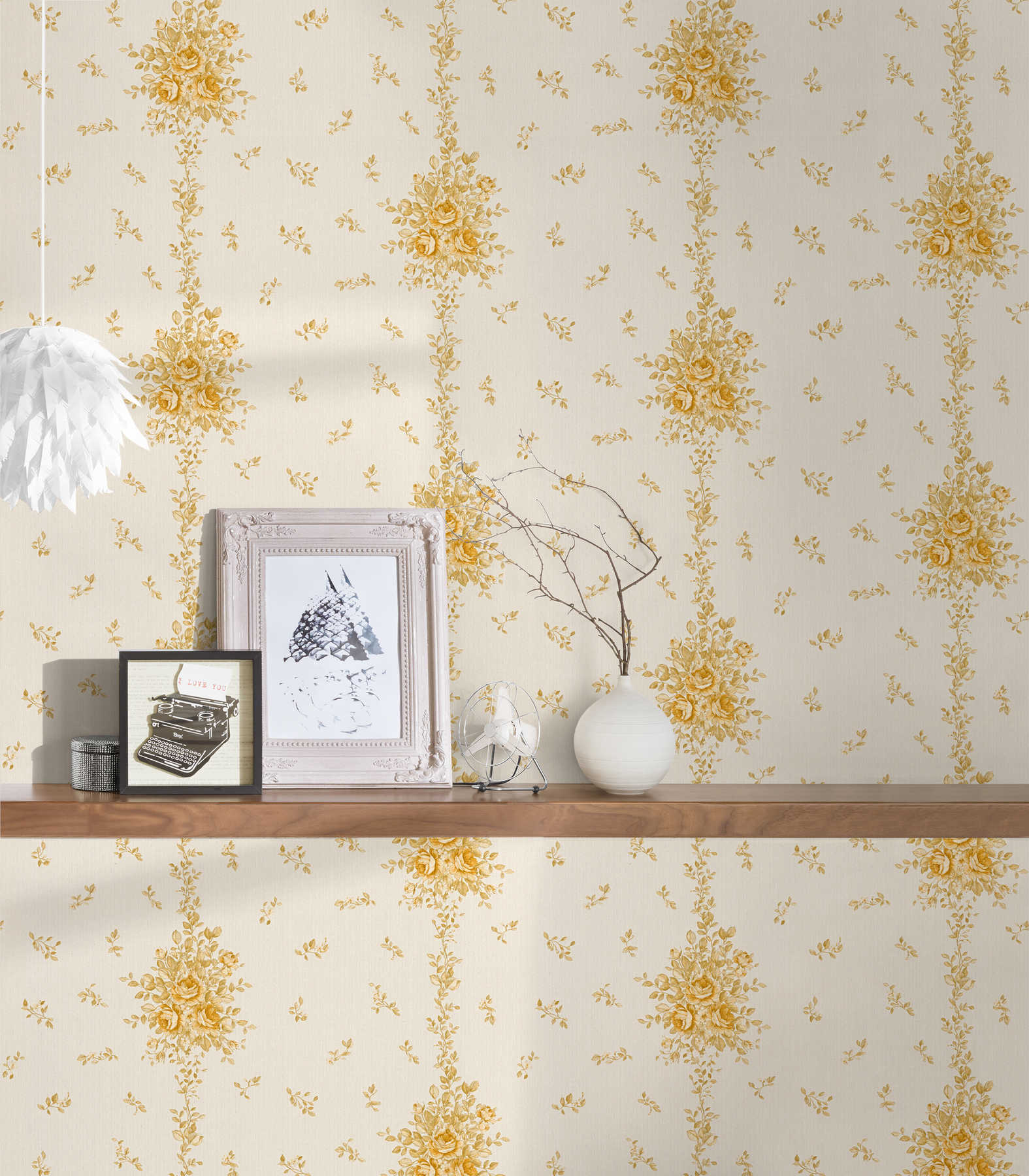             Bloemenbehang bloemenpatroon in metallic goud - crème
        