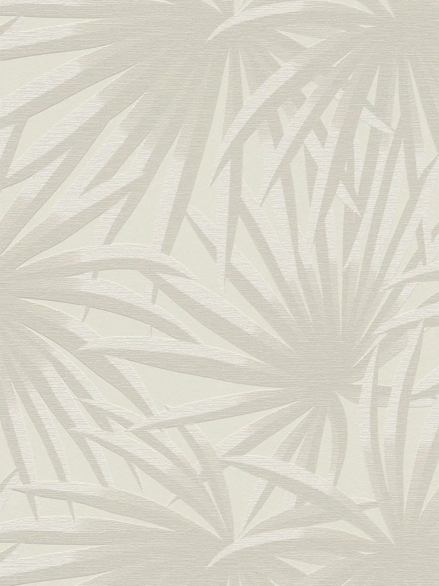 Non-woven wallpaper with palm leaf pattern in soft colours - cream, light grey

